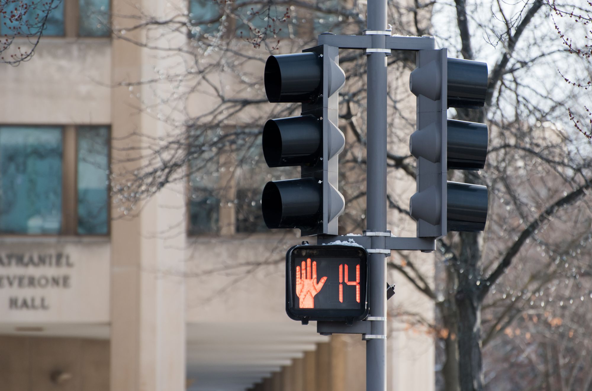 Crosswalk signal pole-mounted with stainless banding hardware