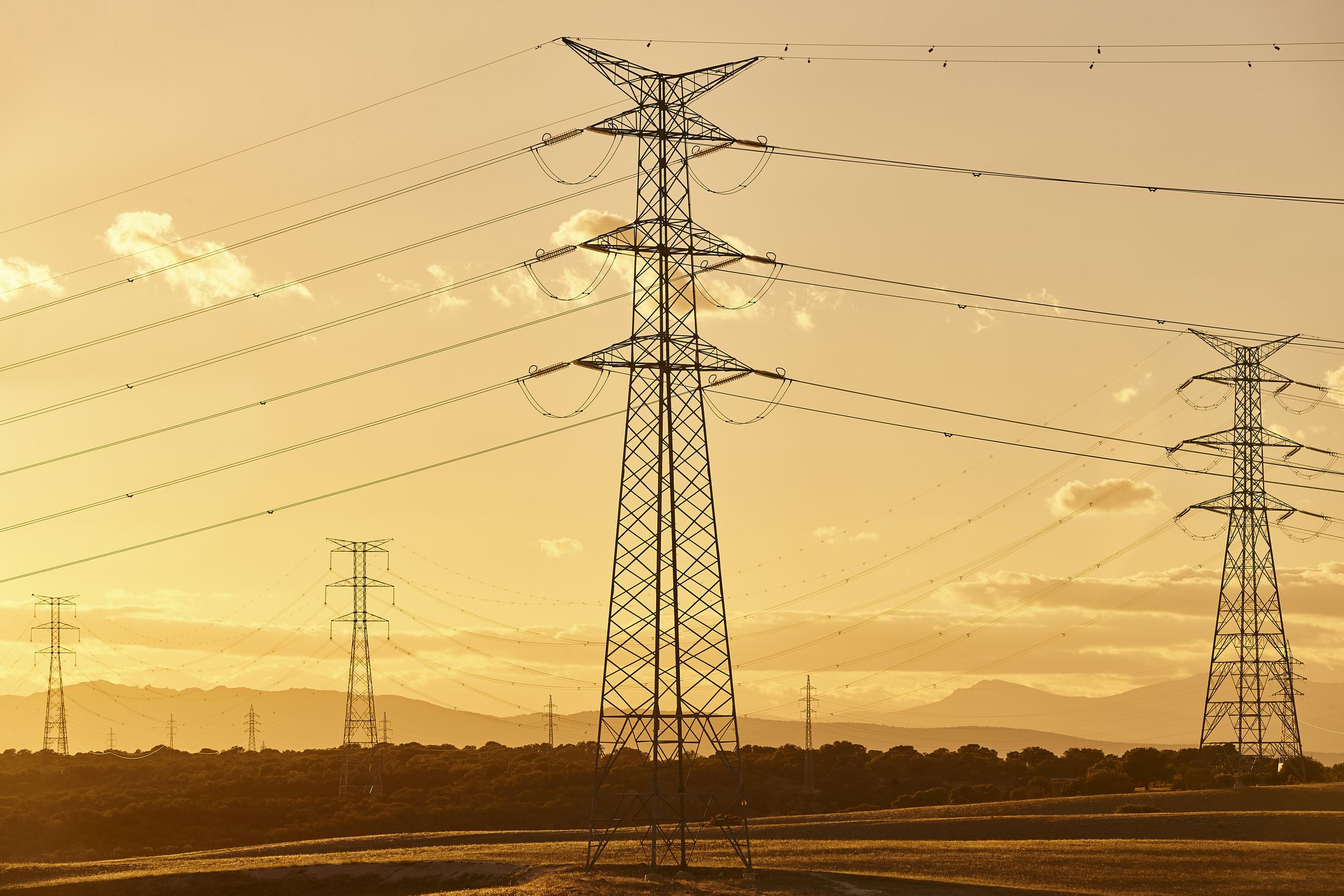 Electricity pylons in rural infrastructure, the kind of long-term outdoor installation USABAND is manufactured for
